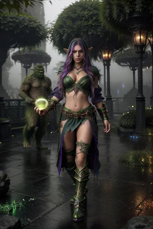 Prompt: Splash art, swirling magical lights, dense fog, create an intricately detailed, full body, ultra realistic, 3D Rendered image. Focused on an enticing, alluring, highly detailed, slender young adult, ((random hair color)), (((random ethnicity)), super exotic, human sorceress. {{surrounded by angry green orcs.}} {Casting a magic lightning bolt in an epic depiction of battling the green orcs in a fantasy tower}, using a legendary fantasy weapon. In a dystopian city destroyed by war background. 8k resolution,  photo realistic, highly exotic, ultimate fantasy, digital concept art, perfect cinematic lighting, perfect shading.