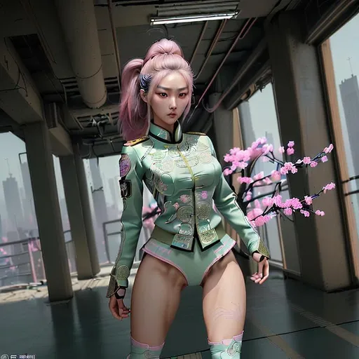 Prompt: Professional Photo Realistic Image of a hyper stylized feminine Korean martial artist, wearing a tight feminine army uniform, with panties slightly visible, beautiful perfect young elegant woman, perfect super cute face, absolute exact body proportions, intricate hyper detailed random color hair, intricate hyper detailed stylized makeup, intricate hyper detailed full body visible, lean feminine body, in a dystopian city,

HDR, UHD, high res, 64k, cinematic lighting, special effects, hd octane render, professional artist, studio lighting,

by Artstation illustrators, by DevianArt illustrators, intricate details, face,  full body portrait, headshot, illustration, Flawless 3D Rendered