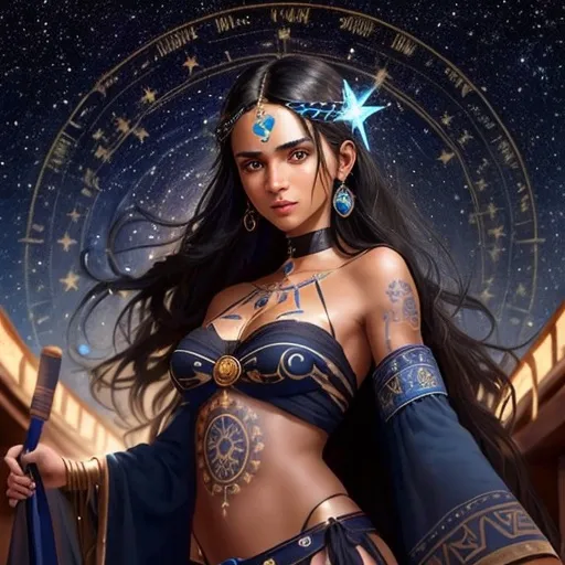 Prompt: Woman with long brownish black hair, skin is slightly tan, wearing Greek clothing, has glowing constellation tattoos on her skin, eyes dark blue with galaxy swirls in the pupils, on a wooden ship, looking at ancient maps of the ocean, arrogant facial expression