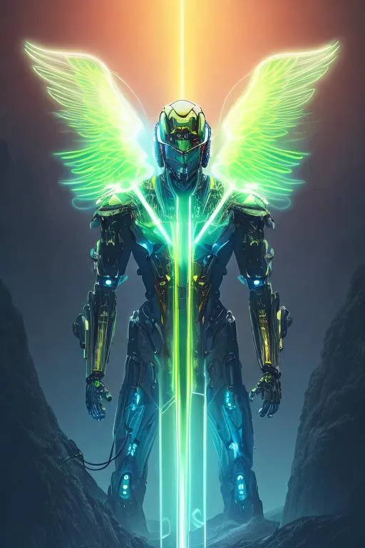 Prompt: flying neon robot archangel with sword,neon lightning, mountain background, fantasy, epic ,  cinematic, high definition, high dpi, intricate details, detailed, very clear, focused, sharp, vector image