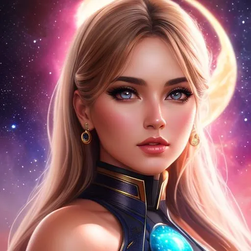 Prompt: Universe woman oil painting, UHD, 8k, Very detailed, beaitiful girl, cinematic, realistic, photoreal, trending on artstation, sharp focus, studio photo, intricate details