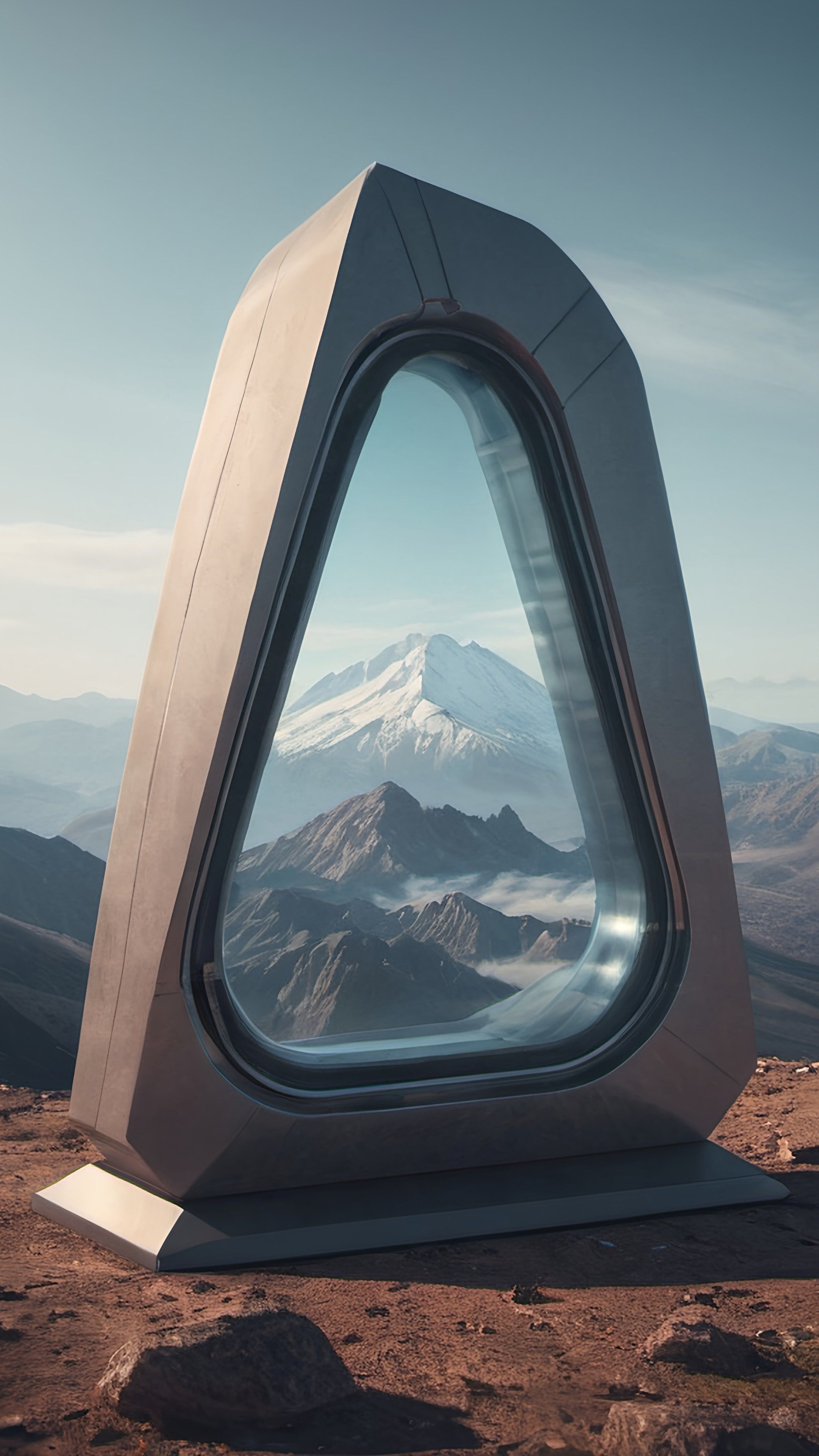 Prompt: a futuristic looking window in the shape of a mountain range with a snow capped mountain in the background, with a blue sky and clouds