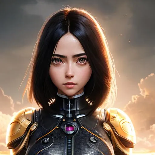 Prompt: alita, full body,brow eyes ,perfect composition, render trending on artstation, 8 k artistic photography, photorealistic concept art,natural volumetric cinematic perfect light, robotic ,black hair, Digital illustration, gorgeous ,perfect composition, render trending on artstation, 8 k artistic photography, photorealistic concept art, natural volumetric cinematic perfect light,cyborg