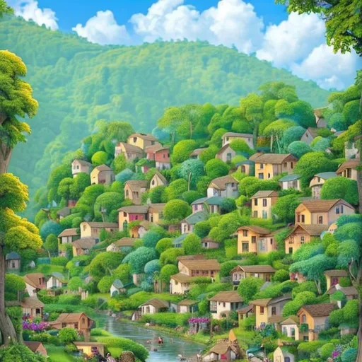 Prompt: In the heart of this exquisite AI-crafted village, nature and human life harmoniously intertwine. A tapestry of lush greenery drapes the landscape, while the gentle presence of cows grazing alongside the riverbank adds an idyllic charm. Villagers go about their day, their laughter echoing through the air, as colorful birds flit and dance amidst the vibrant foliage. This picturesque scene captures the essence of tranquility and the innate connection between man, animal, and the serene beauty of the land.