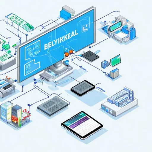 Prompt: create an image of a system diagram for electronic banking showing a computer, a check, a tablet, a smartphone and server infrastructure to support it 
