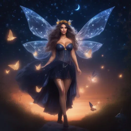 Prompt: Hyper realistic, Gorgeouse full body image of buxom woman in a skimpy, fairy style, witch's outfit at night with fairies flying around on a breathtaking night with a stunning night sky