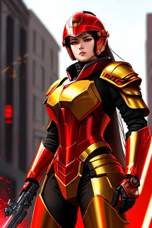 Prompt: digital illustration of an armored policewoman, red and golden armor, mech warrior, half helmet, 150 mm, cinematic lighting, vibrant details, martial artist, anatomical, fierce, brave, elaborate, downtown background, Masterpiece, long hair, electric sword, gloves