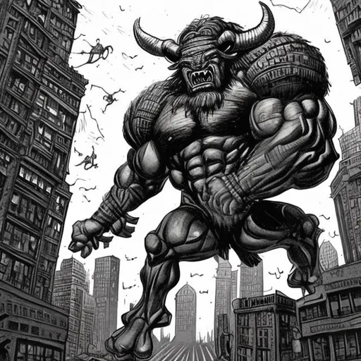 Prompt: Huge mighty body builder minotaur trampling a big city. Scary, evil 