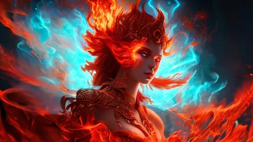 Prompt: Beautiful red fire goddess emerging from an inferno of blue aether dark cinematic hyper realistic 