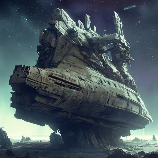 Prompt: star ship wrecks rotting ancient war dead planet dead robots body's battle colours small space skeleton 