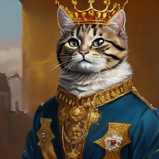 Prompt: An oil painting of a cat dressed as a king