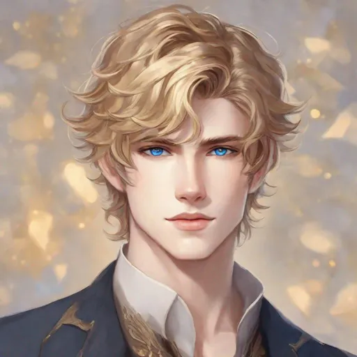 Prompt: jacks from caraval, male bc he is a male, golden short wavy hair, very pale, blue eyes, etc, skinny