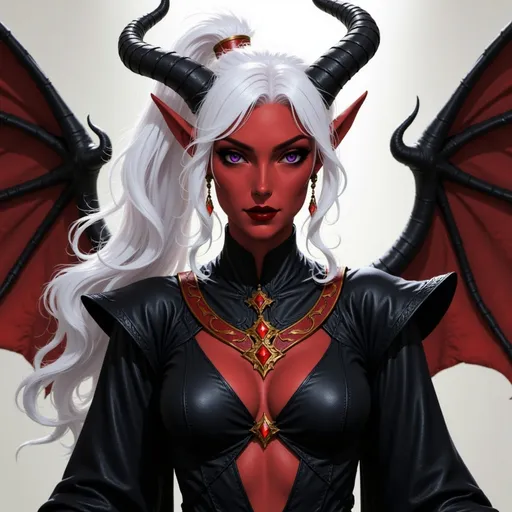 Prompt:  @p2CZMES7VK5y7B1QsEFp white hair, pony tail, large crown, lots of jewelry, big wings
