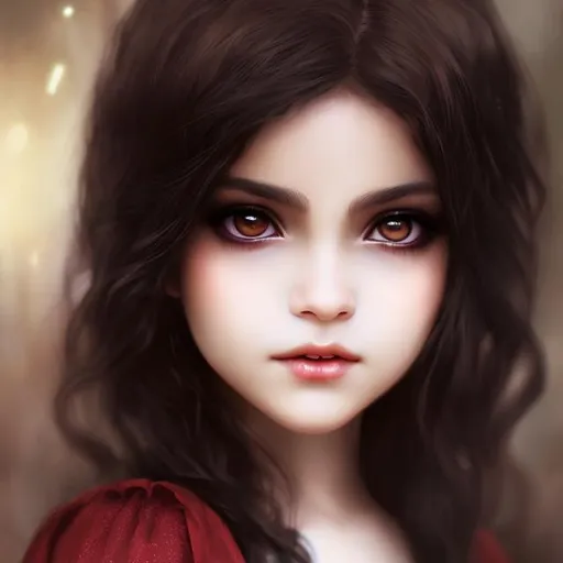 Prompt: A  child female vampire with brown eyes, black, hair wearing a red dress medieval style located in a bright castle nursery. Symmetrical face and eyes child physique. Luis Royo stlye Amy Sol style