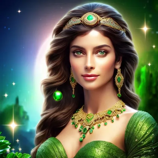 Prompt: HD 4k 3D 8k professional modeling photo hyper realistic beautiful woman ethereal greek goddess of motherhood
green hair brown eyes gorgeous face olive skin shimmering dress with gems jewelry pregnant mother full body surrounded by magical glowing light hd landscape background pond with frogs