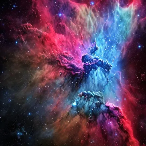 Prompt: Create astonishing hyper realistic nebula with mostly blue and red colors 