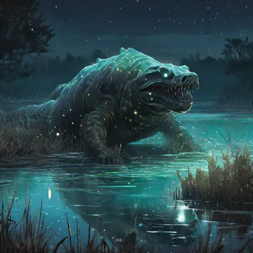 Prompt: A scary translucent bunyip that is glowing, in the wetlands, beneath the stars, bioluminescent, highres, best quality, concept art