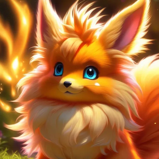 Prompt: (Flareon), realistic, photograph, epic oil painting, (hyper real), furry, (hyper detailed), extremely beautiful, (on back), sprawled, paws in the air, playful, UHD, studio lighting, best quality, professional, ray tracing, 8k eyes, 8k, highly detailed, highly detailed fur, hyper realistic creamy fur, canine quadruped, (high quality fur), fluffy, fuzzy, full body shot, zoomed out view of character, hyper detailed eyes, perfect composition, ray tracing, masterpiece, trending, instagram, artstation, deviantart, best art, best photograph, unreal engine, high octane, cute, adorable smile, lying on back, flipped on back, lazy, peaceful, (highly detailed background), vivid, vibrant, intricate facial detail, incredibly sharp detailed eyes, extremely thick billowing fur,  incredibly realistic golden retriever fur, concept art, anne stokes, yuino chiri, character reveal, extremely detailed fur, sapphire sky, complementary colors, golden ratio, rich shading, vivid colors, high saturation colors, silver light beams