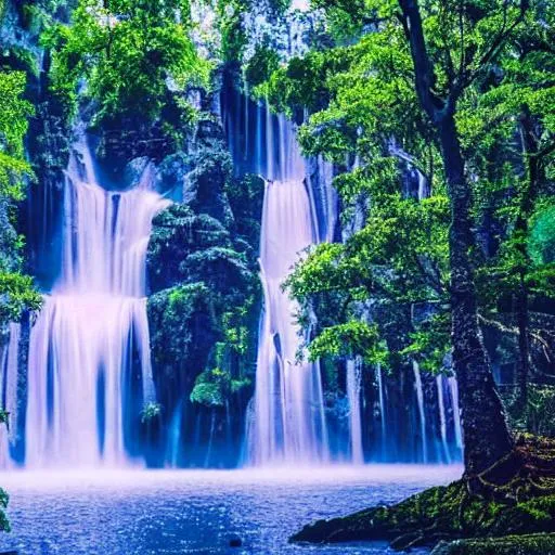 Prompt: A crystal blue waterfall with beautiful trees accompanying it.