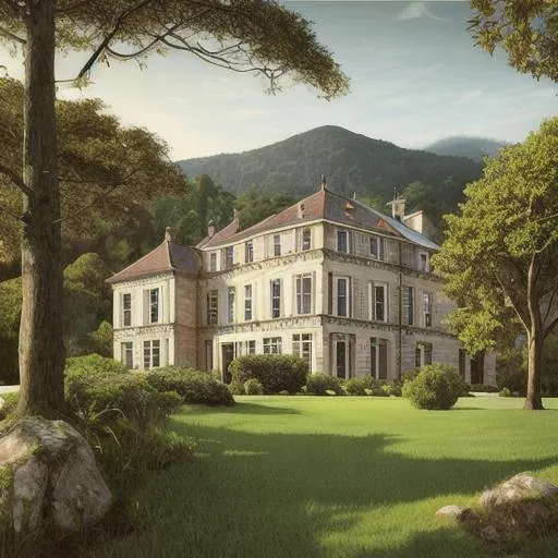 Prompt: A bay. Lots of trees. A Mansion on a hill. The sun shines. Basque atmosphere. Photorealistic. 