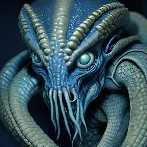 Prompt: The alien has blue skin and scales on his face, which resembles that of an octopus. He has two large almond-shaped black and reflective eyes, without pupils. He has no ears, but only two holes on the sides of his head. He has a small nose and a small mouth with small and sharp teeth.