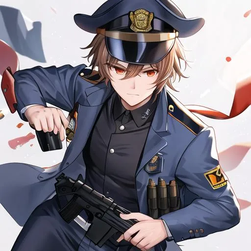 Prompt: Caleb as a police officer in a gunfight bullets flying, wounded
