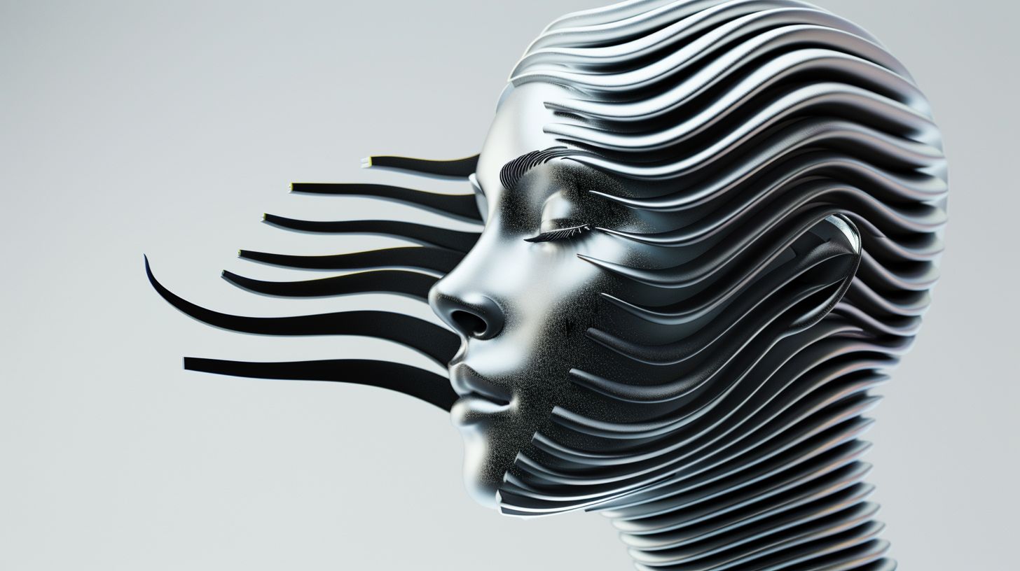 Prompt: Close-up of a female head with flowing, striped hair, rendered in the style of abstraction-création. The hair is made of smooth, liquid metal, reminiscent of the works of Zaha Hadid. Render in stunning 8k 3D detail, with a focus on the figura serpentinata form.