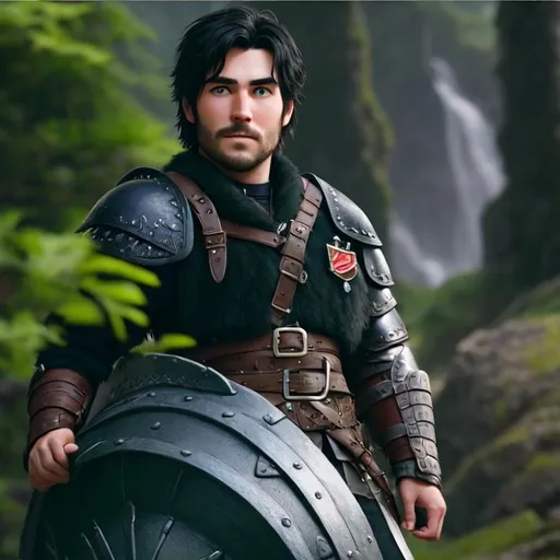 Prompt: Please produce a 25 year old male viking from How to Train Your Dragon, no beard, no mustache, photo session, black hair, (((full body visible))), looking at viewer, portrait, photography, detailed skin, realistic, photo-realistic, 8k, highly detailed, full-length frame, High detail RAW color art, piercing, diffused soft lighting, shallow depth of field, sharp focus, hyperrealism, cinematic lighting