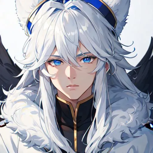 Prompt: Male, 8k, UHD,  highly detailed, white hair, blue eyes, wearing a fluffy giant jacket and a ushanka