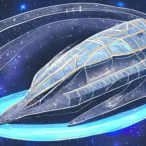 Prompt: Bio-Space ship of metallic flesh, crystal form, space whale, symmetrical , in the style of startrek