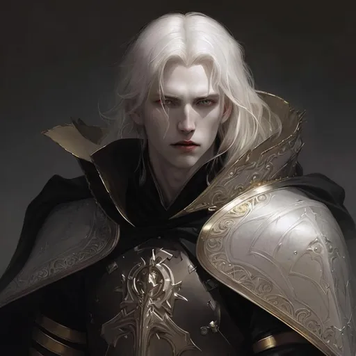 Prompt: male vampire, pale white skin, dusty blonde hair, beautiful eyes, streaks of gold running from eyes, white and black cloak, leather armour, dungeons and dragons theme. Art by Tom Bagshaw, Josef kote, artgerm 