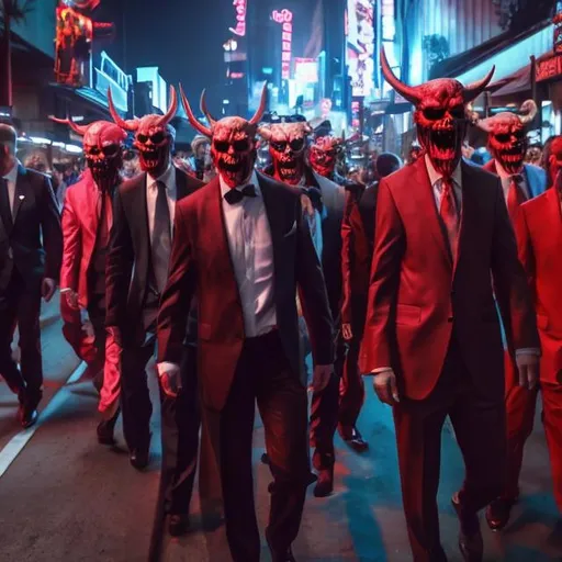 Prompt: Traditional demons dressed as businessmen in silk suits and Bluetooth headsets. Walking in the streets of Hell if it were like Los Angeles.