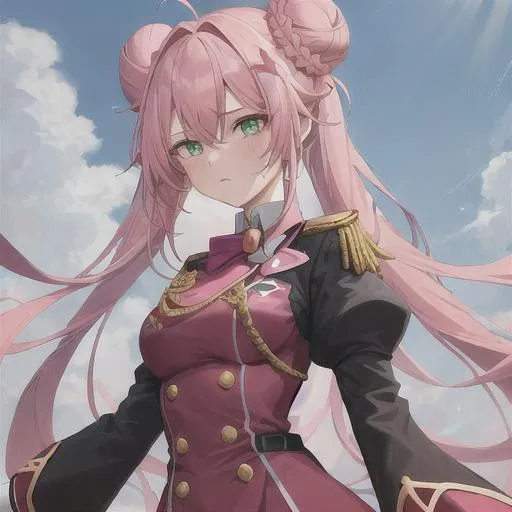 Prompt: a girl with long pink hair, two buns, Eden's uniform, an imperial scholar, green eyes 
