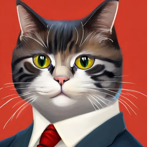 Prompt: Imagine a gallery of portraits showcasing cats in different professional outfits, each embodying their chosen career. Whether it's a sophisticated CEO cat in a tailored suit or a daring firefighter cat in full gear, let your artwork celebrate the diverse talents and contributions of working cats.