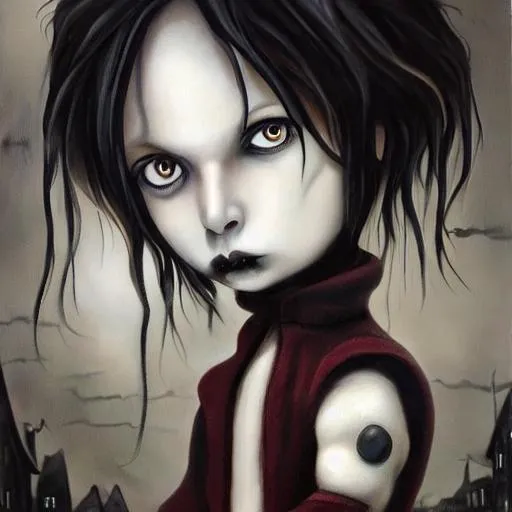 Prompt: oil painting by Tim Burton, Artgerm, goth little boy wandering the streets, award-winning cgi