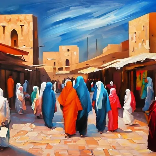 Prompt: people in a souq, landscape, modern painting