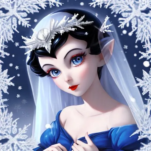 Prompt: Disney's Snow White as a fairy goddess of winte,large eyes, cool coiors, snowflakes, closeup