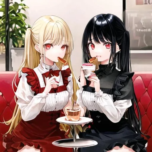 Prompt: Two girls are happily devouring desserts at a café. One of them has black hair, red eyes, and is rocking twin pigtails, giving off a slightly fierce vibe. The other girl has long, straight, golden hair and blue eyes, exuding a very kind-hearted aura. They are both wearing white dresses, masterpiece, UHD, detailed face