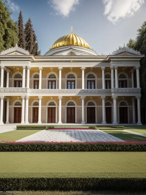 Prompt: Please create the artistic image of Abkhazia as a very beautiful country by designing high-detailed and exquisite classical Abkhazian cultural buildings and house following all the main principles of architecture: axis, symmetry, hierarchy, datum, rhythm, isometry, balance, harmony and proportions. Use UHD engine 5, Octane 3D, hi res 256 K, HDR, focus sharp, centered, fit in frame, Bokeh. Apply stunning background to the image composition: Caucasus Mountains, biologically flawless palm trees and plants, the coast of the Black Sea.