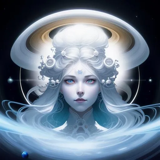 Prompt: beautiful ethereal woman, she has Saturn rings and planets  And shooting stars around  her head like a hat , she has hair made of glowing white clouds, dramatic lighting coming from the planets, aesthetic, inspiring, creative, hyperdetailed, rim lighting, art by artgerm , Peter mohrbacher, Greg rutkowaski, Tom Bagshaw, WLOP, digital art, smooth, aesthetic, glow, shimmer