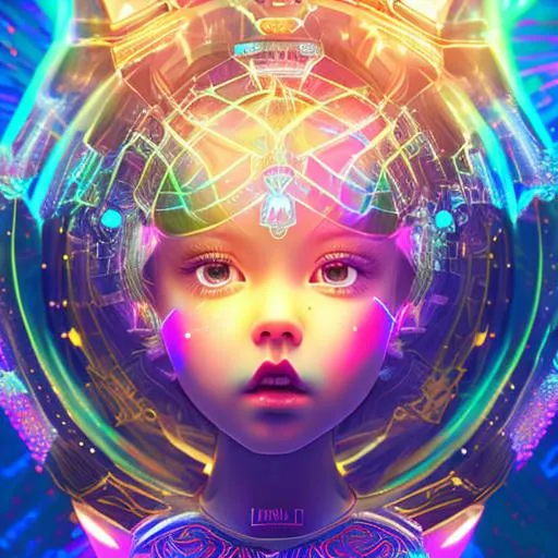 Prompt: little girl fullbody w a full transparent helmet robotically glowing in a lights room w big eyes,   golden ratio, neon lighting, deep colors, symmetrical face, accurate anatomy, ultra-fine details, soft contrast