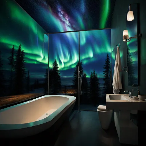 Prompt: northern lights in a bathroom