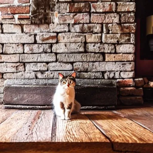 Prompt: a cat sitting on a wooden floor by a fireplace made of brick  in a cabin 