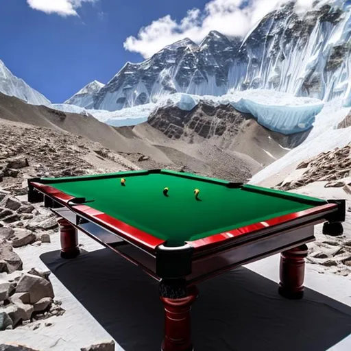 Prompt: Full size snooker table on the summit of mount Everest 