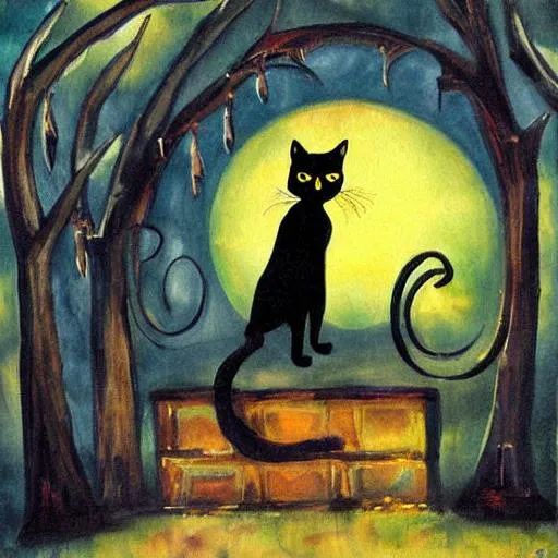 Prompt: black cat gothic dreamy painting