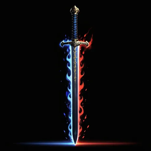 Prompt: a sword with blue flames on it and a black background with a black background and a black background with a red and yellow sword, Baiōken Eishun, sots art, rpg, concept art