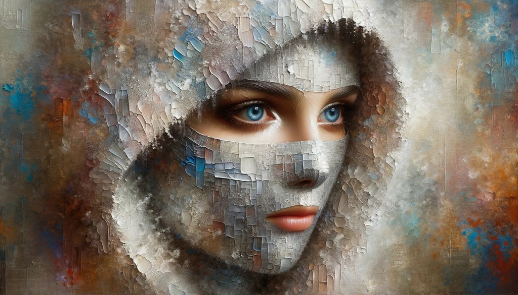 Prompt: a woman wearing a metal hood and blue eyes, in the style of textured canvases, ethereal, dreamlike quality, naturalistic color palette, light silver and brown, primitivist style, richly layered, color splash