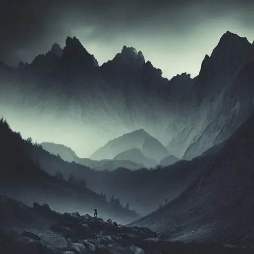Prompt: Übermensch, dark colours, mountains, mysterious
