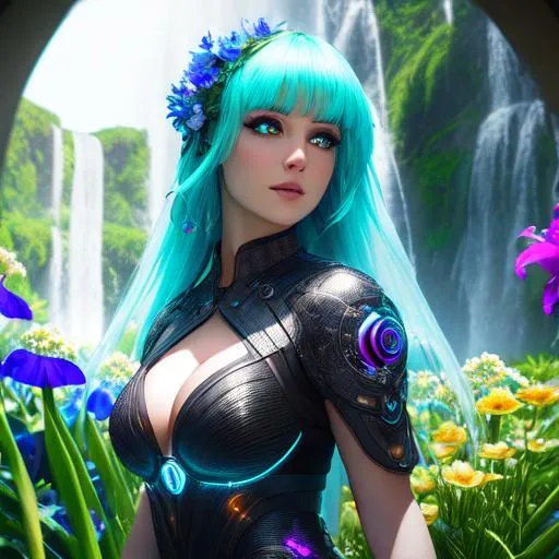 Prompt: a portrait of insane beautifull smiled young woman in futuristic garden, flowers partilces,turquoise eyes with circle iris, love, waterfall in the background,  sunny, aura, octane render, Unreal Engine 5, Cinematic, Color Grading, portrait Photography, Bokeh, Ultra-Wide Angle, Depth of Field, hyper-detailed, insane details, Photoshoot, Shot on 70mm lens, Tilt Blur, Shutter Speed 1/1000, F/22And, by aderek, by Pawel Tomczuk 