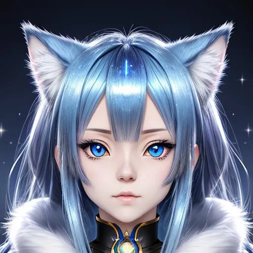 Prompt: anime portrait of a cute cat, anime eyes, beautiful intricate blue fur, shimmer in the air, symmetrical, in re:Zero style, concept art, digital painting, looking into camera, square image